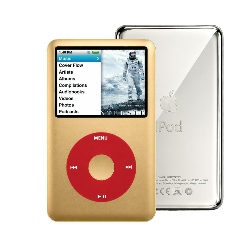 Gold refurbished iPod Classic 7th Gen with Red click wheel and Silver back plate