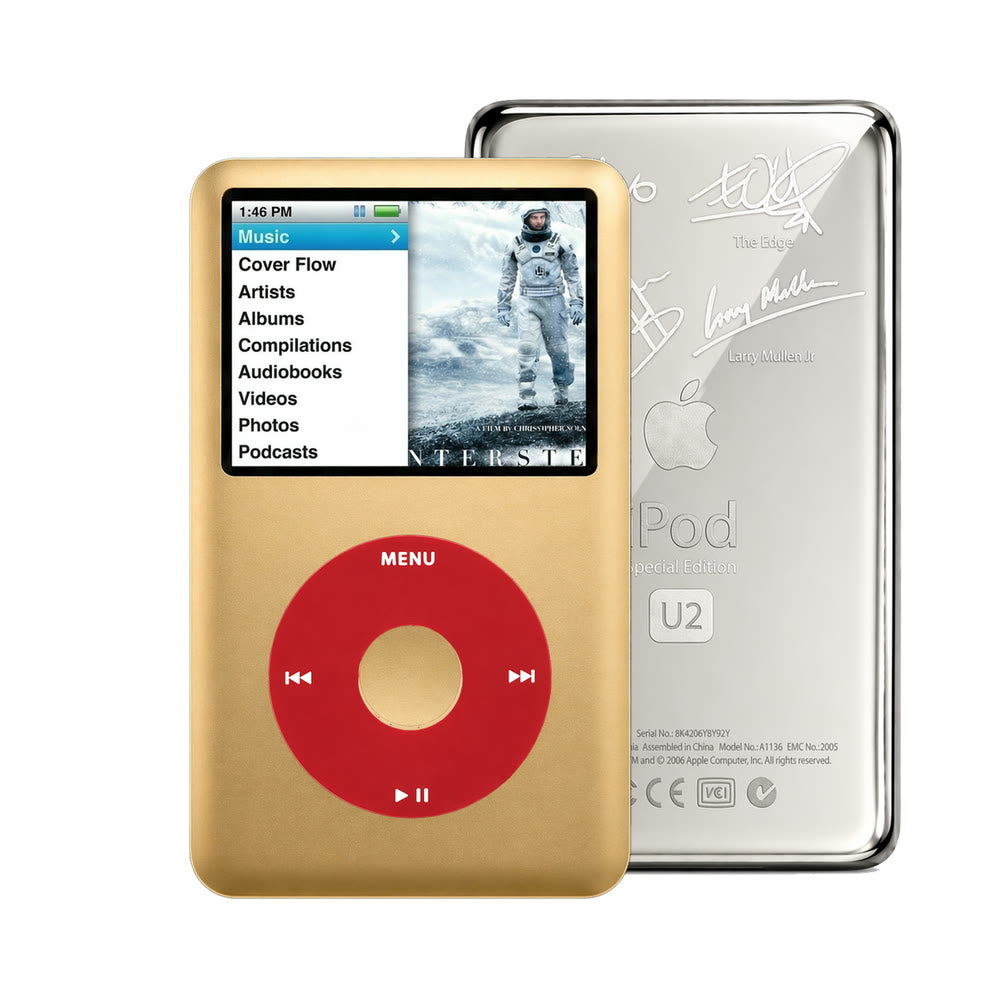 Gold refurbished iPod Classic 7th Gen with Red click wheel and Silver U2 back plate