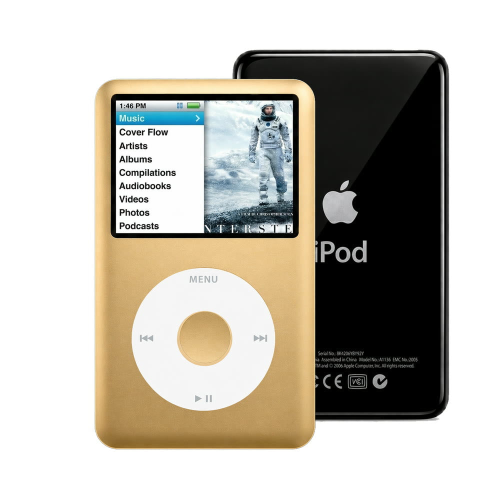 Gold refurbished iPod Classic 7th Gen with White click wheel and Black back plate