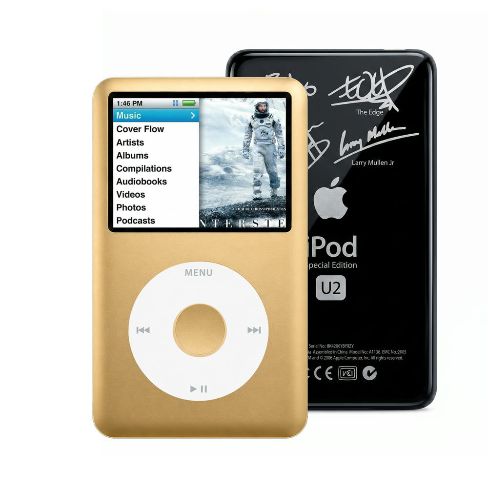 Gold refurbished iPod Classic 7th Gen with White click wheel and Black U2 back plate