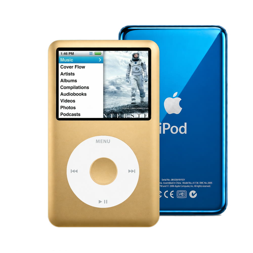 Gold refurbished iPod Classic 7th Gen with White click wheel and Blue back plate