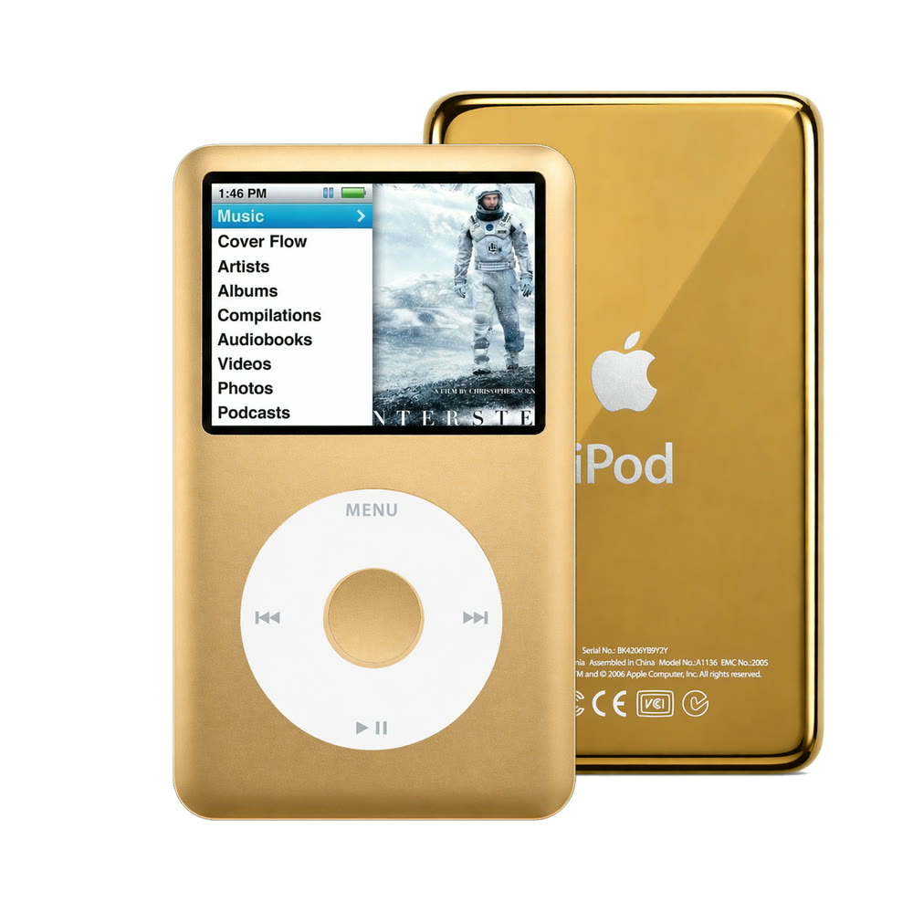 Gold refurbished iPod Classic 7th Gen with White click wheel and Gold back plate