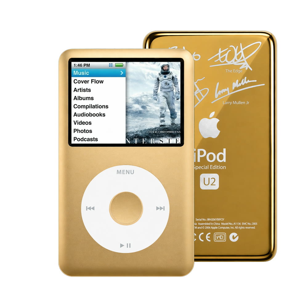 Gold refurbished iPod Classic 7th Gen with White click wheel and Gold U2 back plate