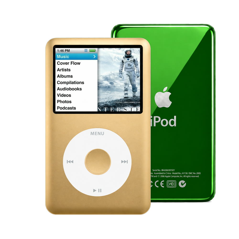 Gold refurbished iPod Classic 7th Gen with White click wheel and Green back plate