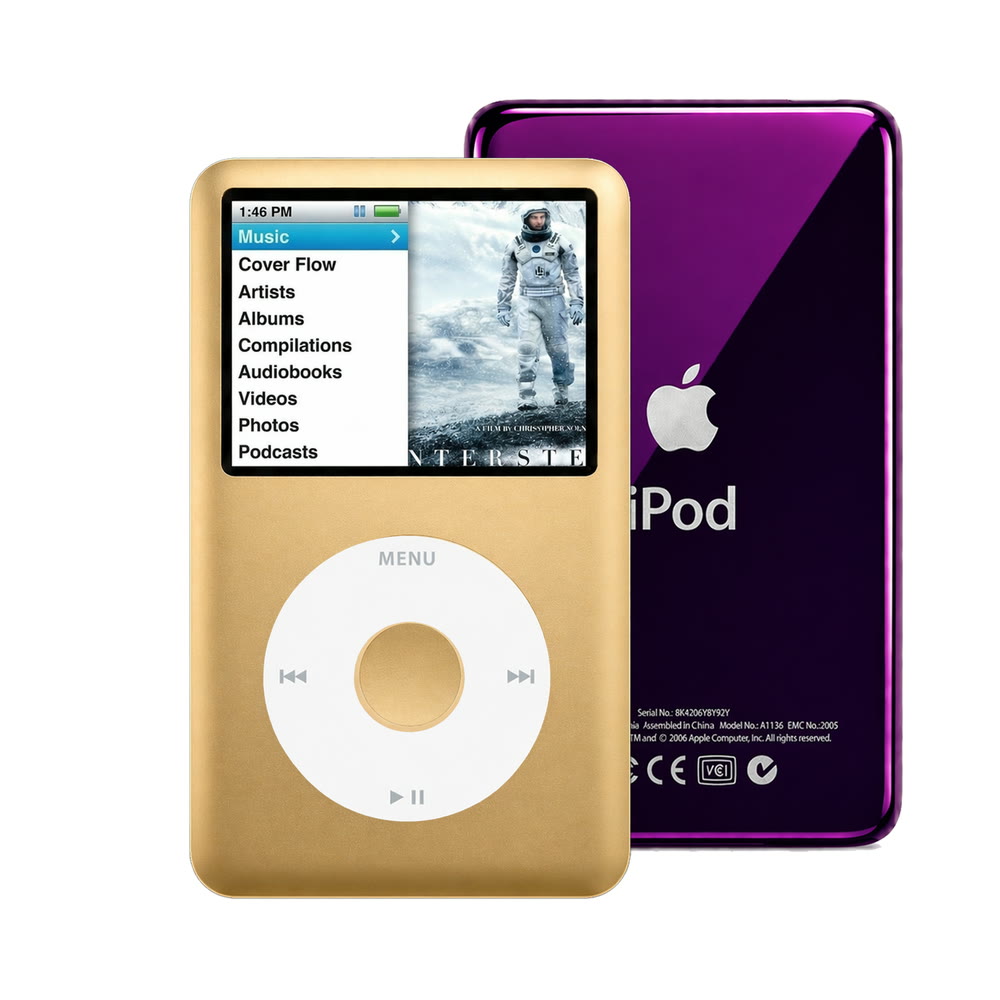 Gold refurbished iPod Classic 7th Gen with White click wheel and Purple back plate