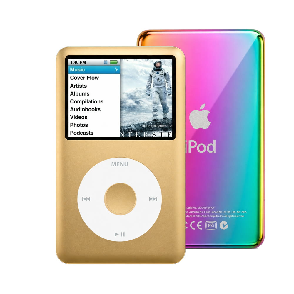 Gold refurbished iPod Classic 7th Gen with White click wheel and Rainbow back plate