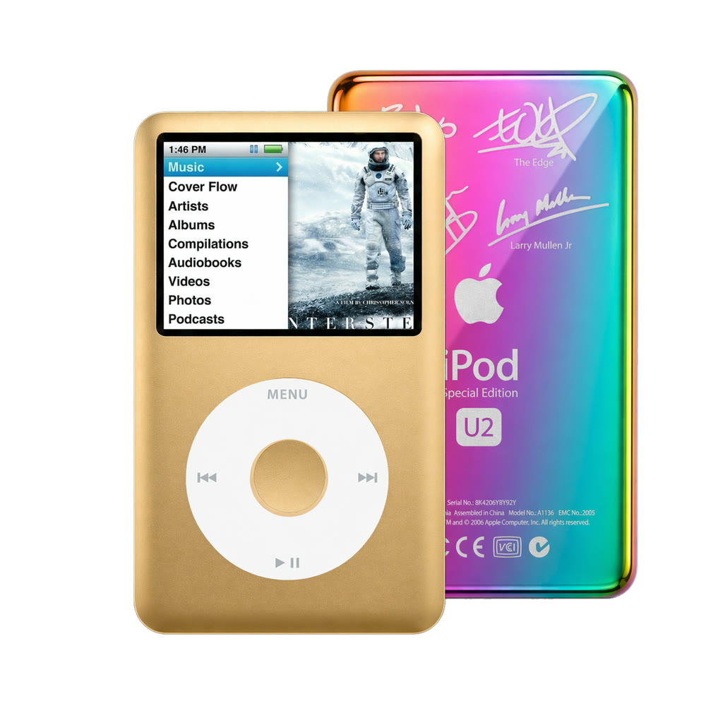 Gold refurbished iPod Classic 7th Gen with White click wheel and Rainbow U2 back plate