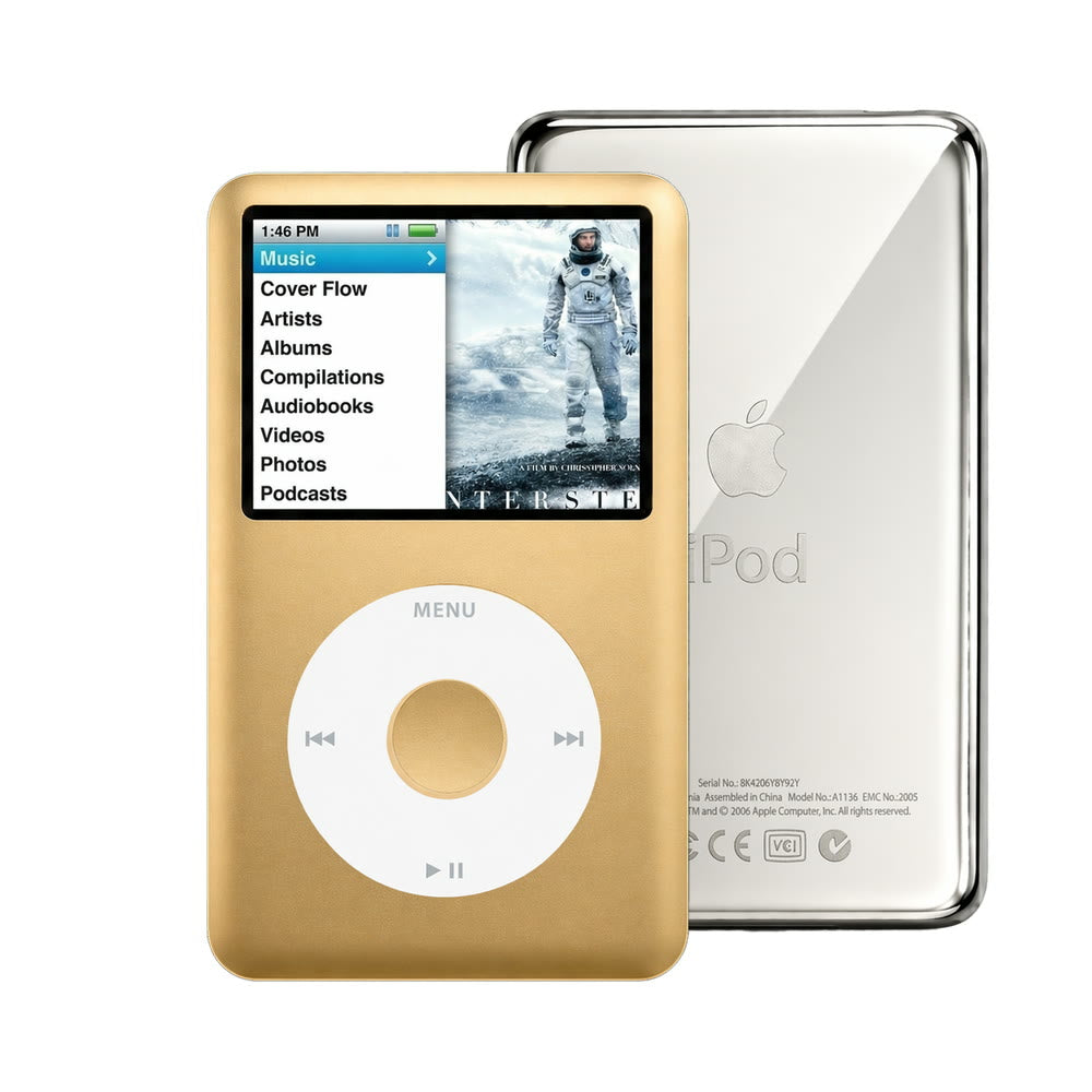 Gold refurbished iPod Classic 7th Gen with White click wheel and Silver back plate