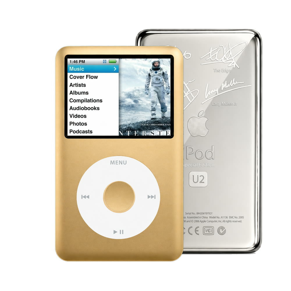 Gold refurbished iPod Classic 7th Gen with White click wheel and Silver U2 back plate