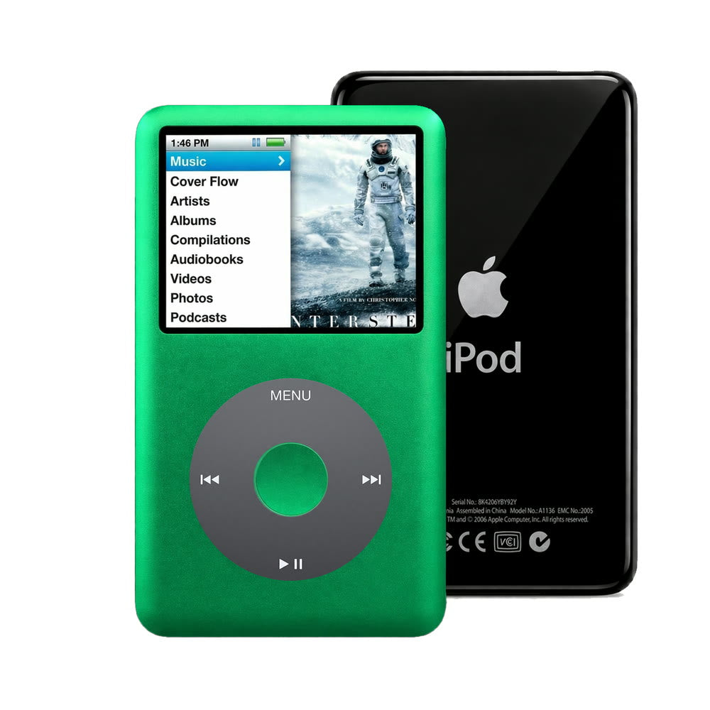 Green refurbished iPod Classic 7th Gen with Black click wheel and Black back plate