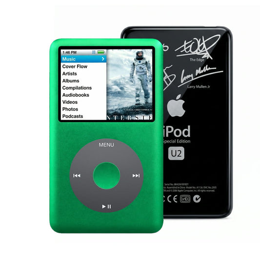 Green refurbished iPod Classic 7th Gen with Black click wheel and Black U2 back plate