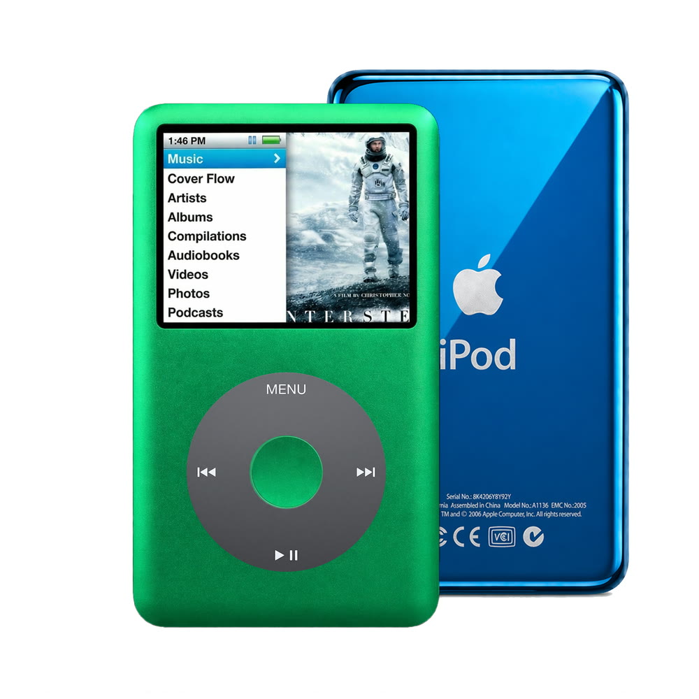 Green refurbished iPod Classic 7th Gen with Black click wheel and Blue back plate