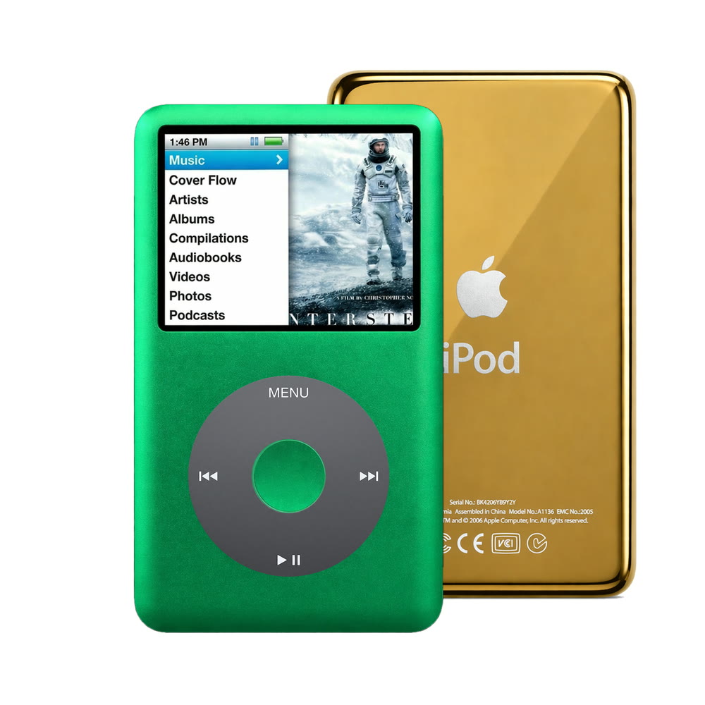 Green refurbished iPod Classic 7th Gen with Black click wheel and Gold back plate
