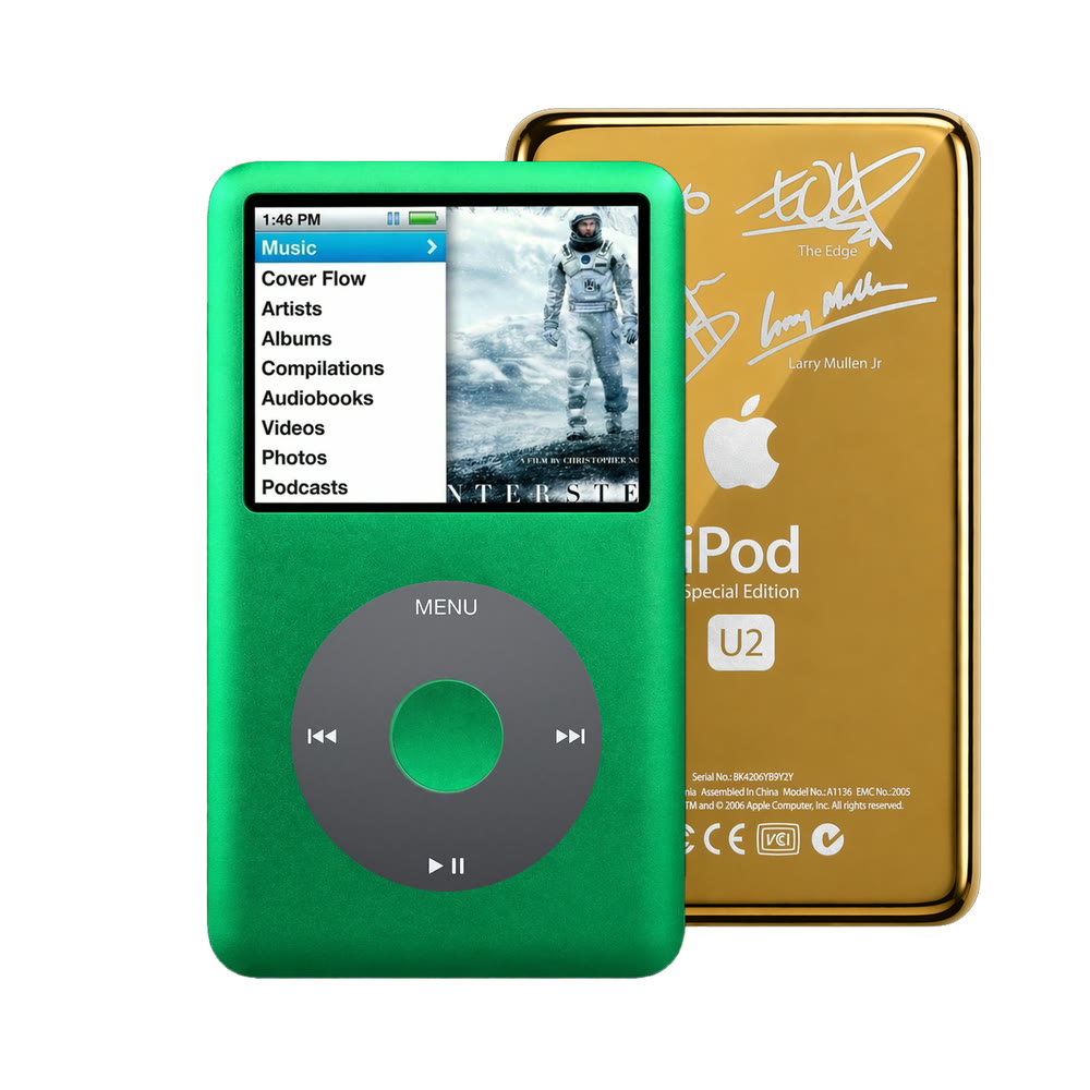 Green refurbished iPod Classic 7th Gen with Black click wheel and Gold U2 back plate