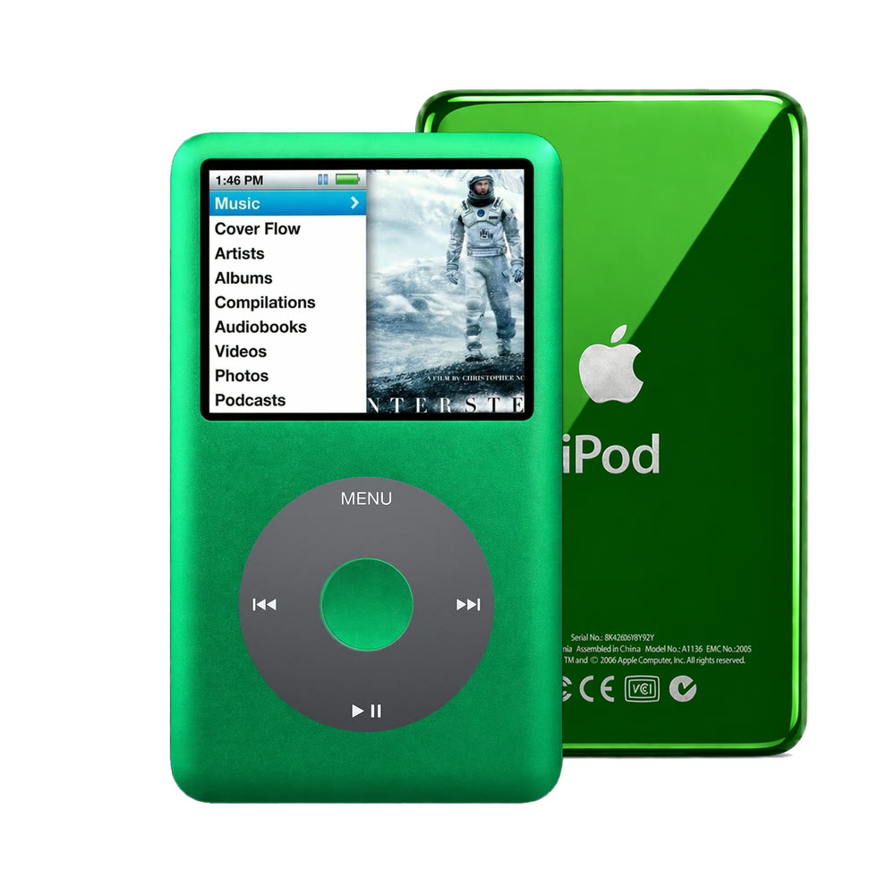 Green refurbished iPod Classic 7th Gen with Black click wheel and Green back plate