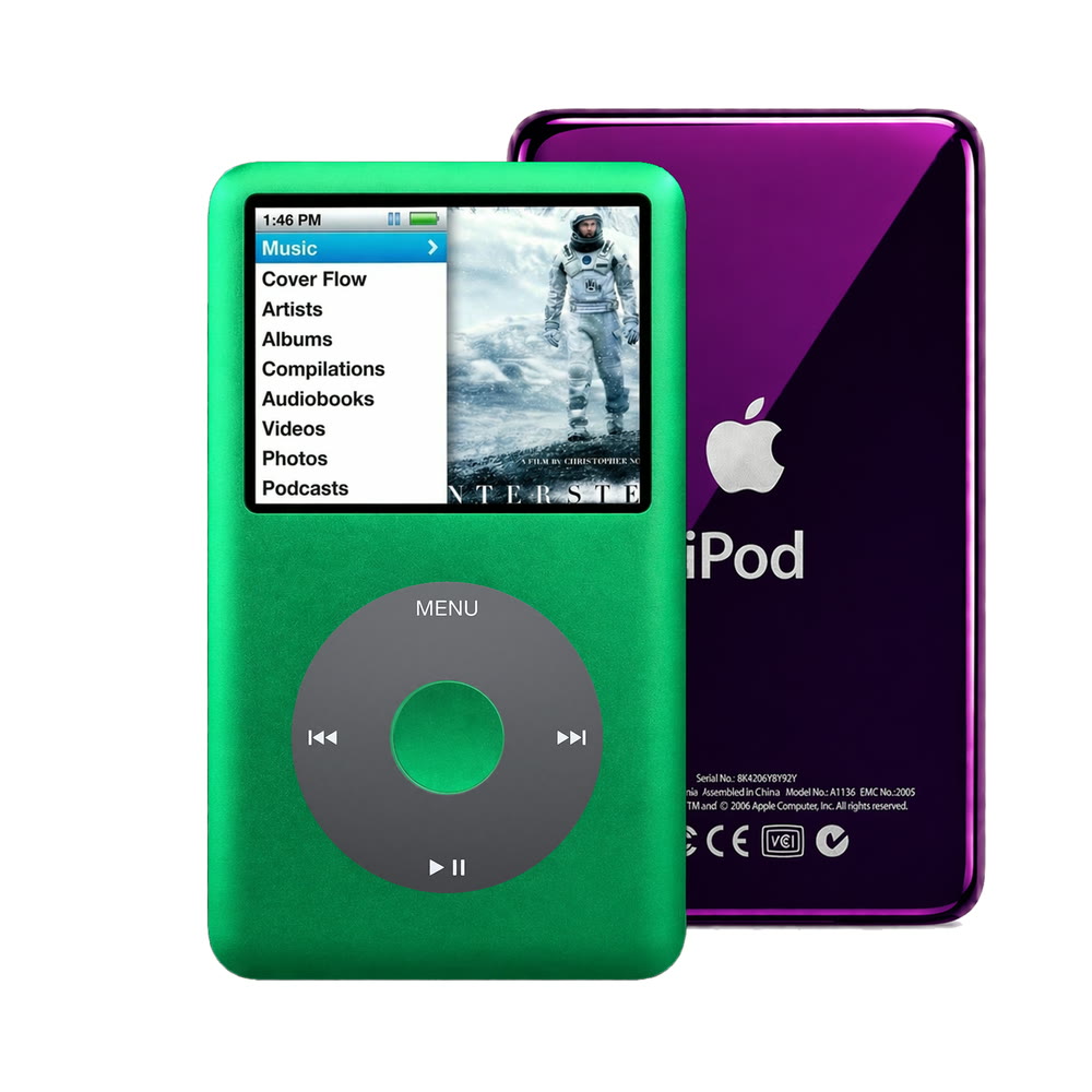 Green refurbished iPod Classic 7th Gen with Black click wheel and Purple back plate