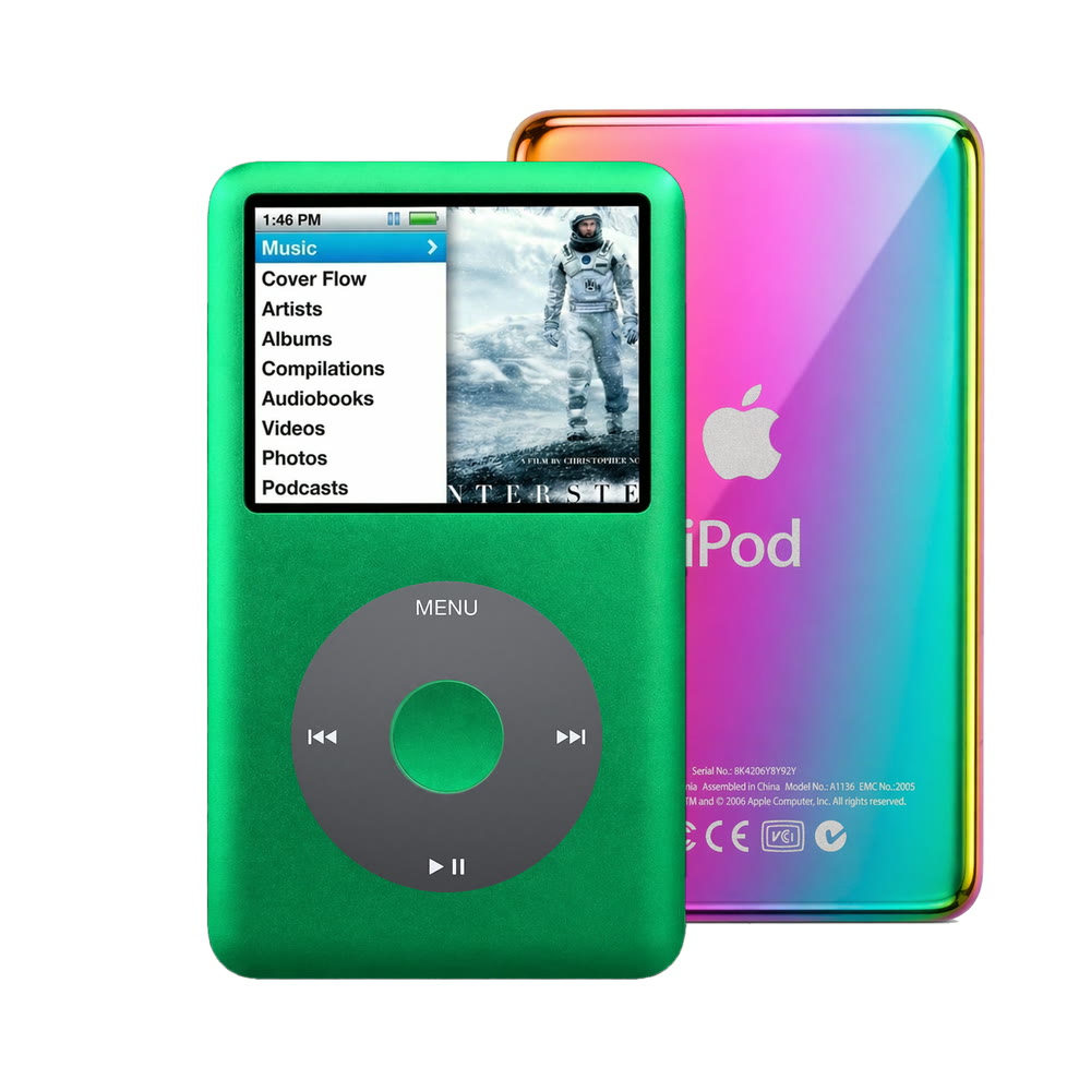 Green refurbished iPod Classic 7th Gen with Black click wheel and Rainbow back plate