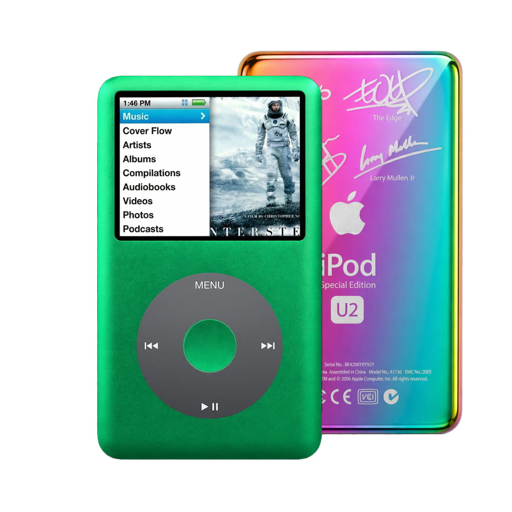 Green refurbished iPod Classic 7th Gen with Black click wheel and Rainbow U2 back plate