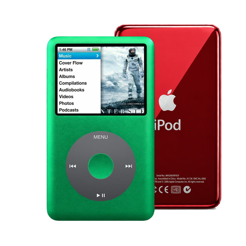 Green refurbished iPod Classic 7th Gen with Black click wheel and Red back plate