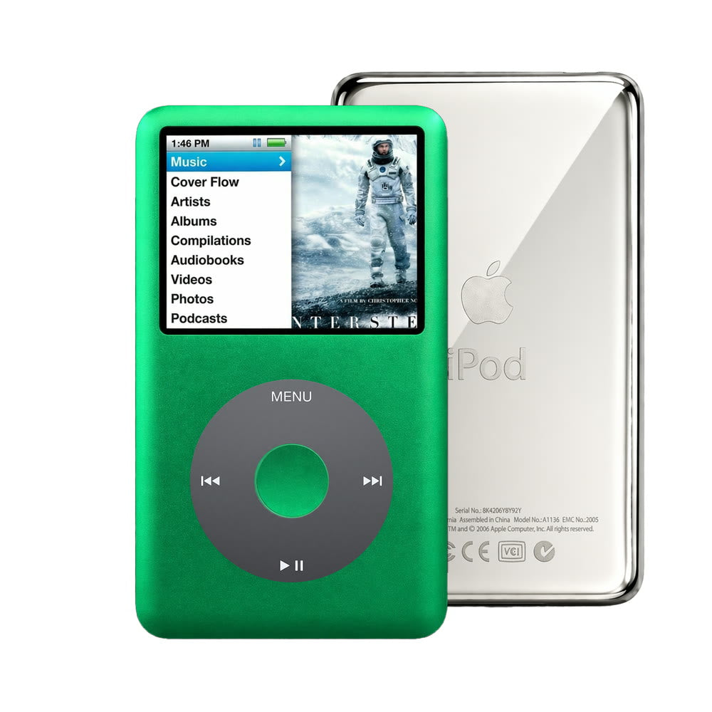 Green refurbished iPod Classic 7th Gen with Black click wheel and Silver back plate