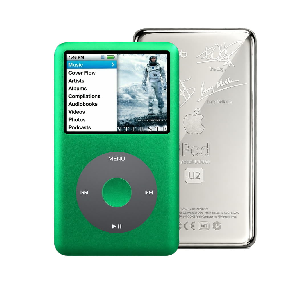 Green refurbished iPod Classic 7th Gen with Black click wheel and Silver U2 back plate