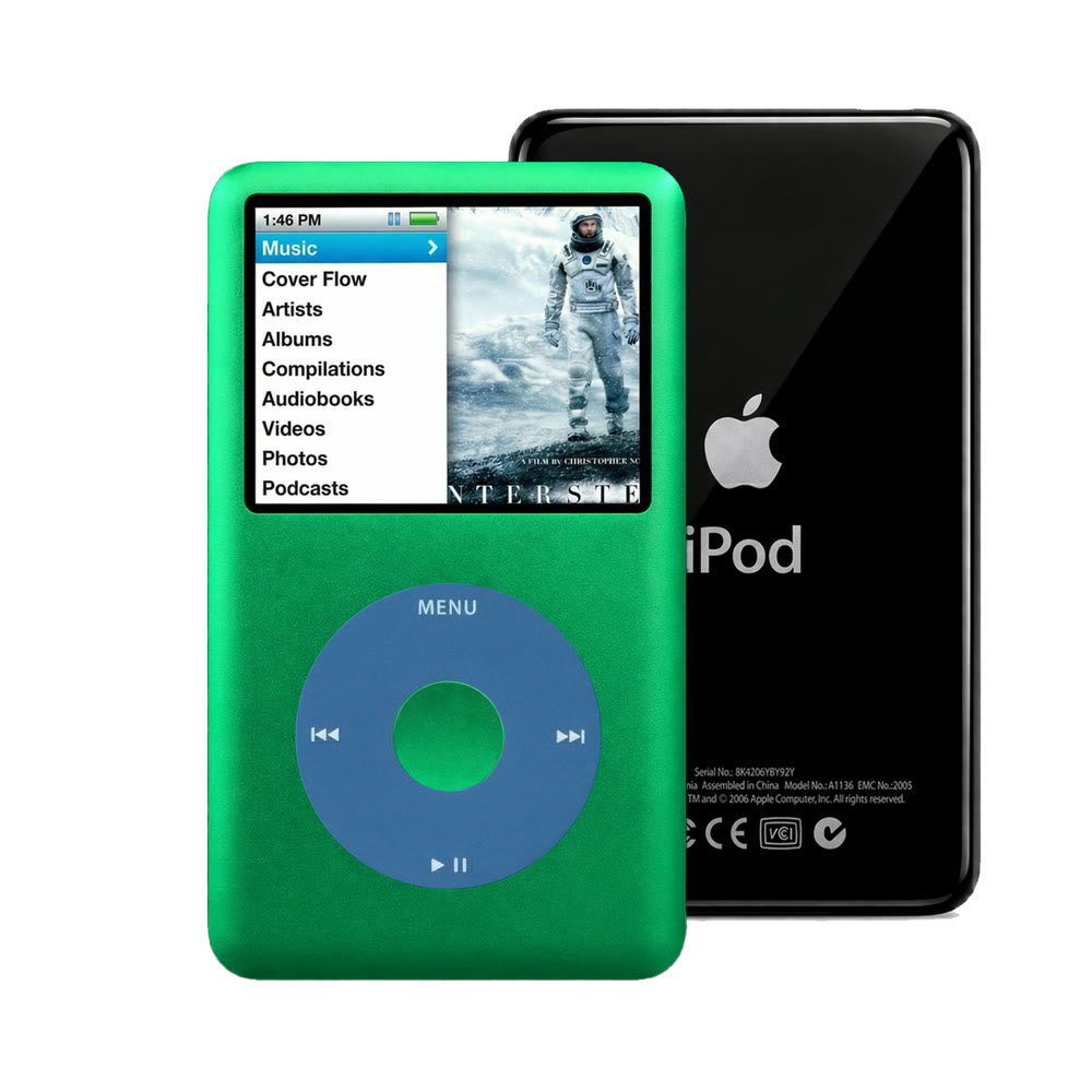 Green refurbished iPod Classic 7th Gen with Blue click wheel and Black back plate