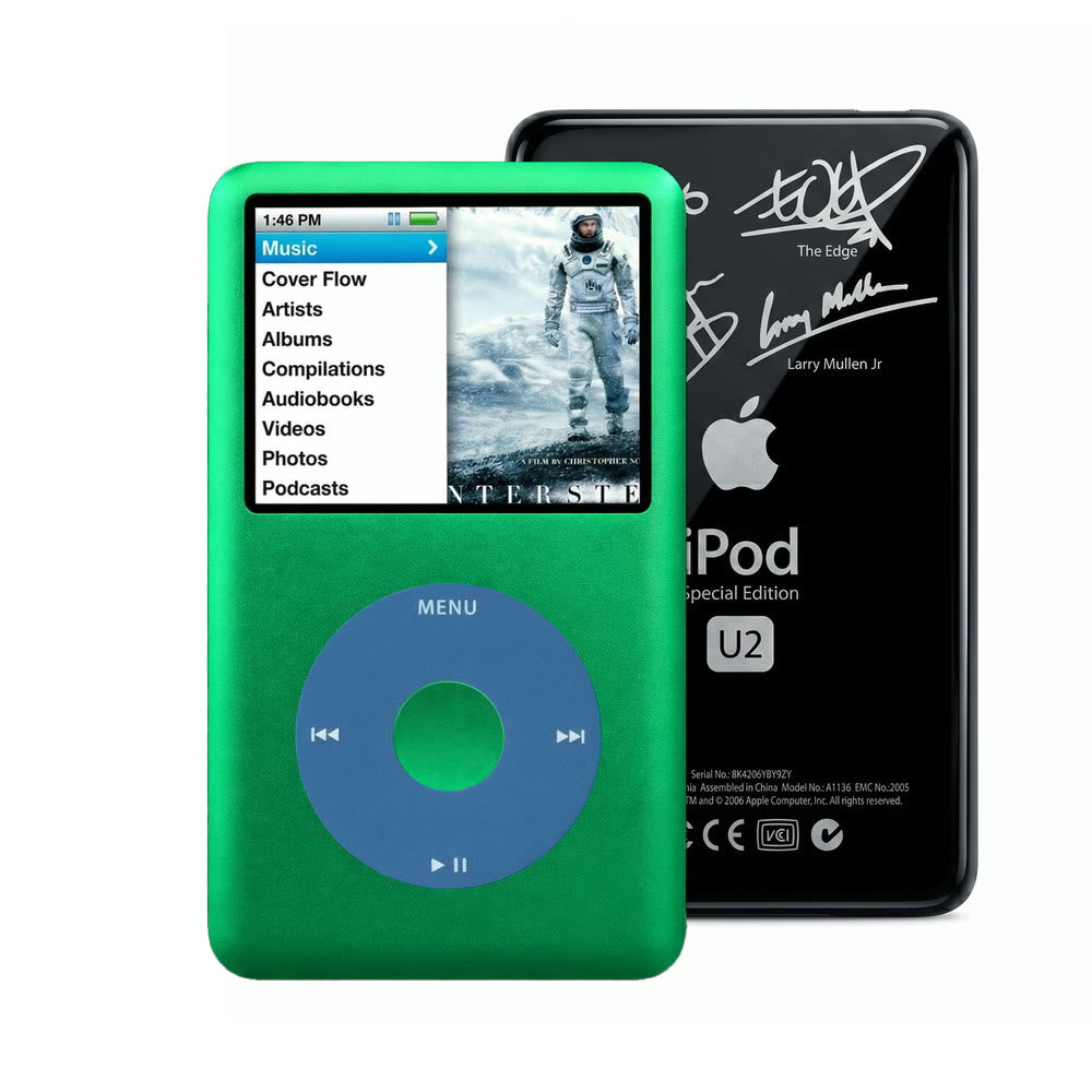 Green refurbished iPod Classic 7th Gen with Blue click wheel and Black U2 back plate