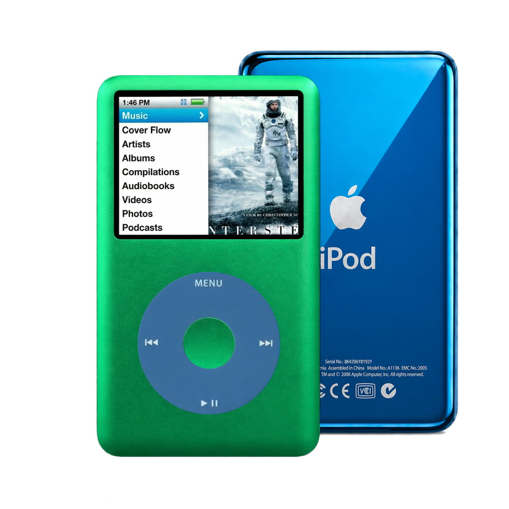 Green refurbished iPod Classic 7th Gen with Blue click wheel and Blue back plate