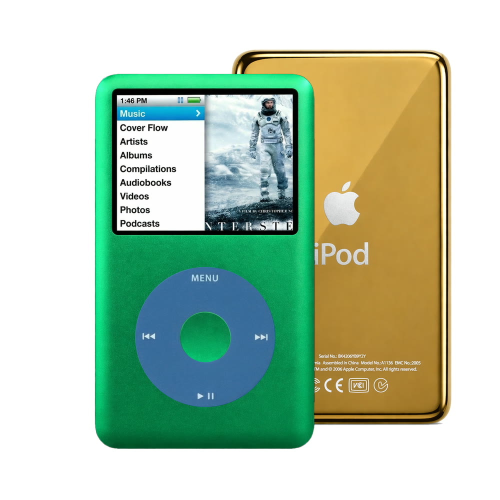 Green refurbished iPod Classic 7th Gen with Blue click wheel and Gold back plate