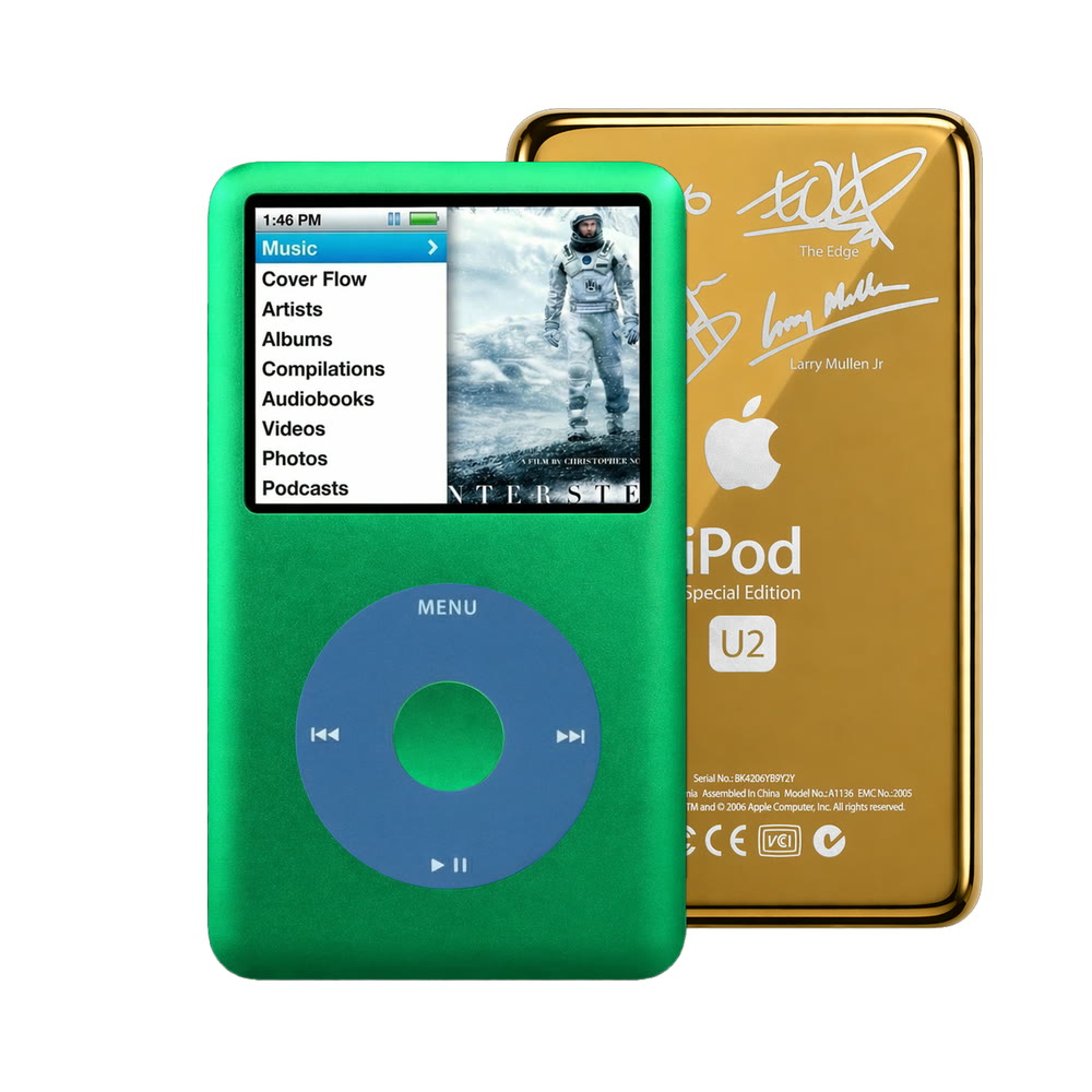 Green refurbished iPod Classic 7th Gen with Blue click wheel and Gold U2 back plate