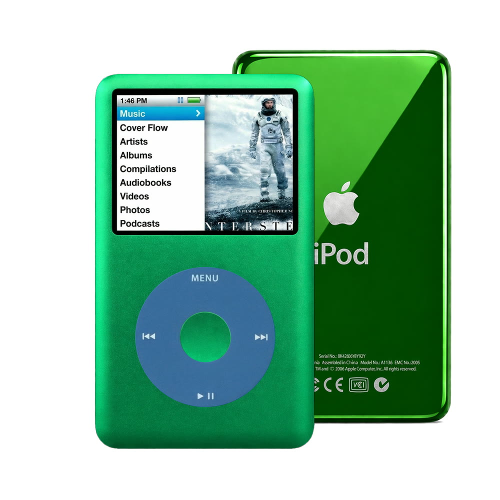 Green refurbished iPod Classic 7th Gen with Blue click wheel and Green back plate