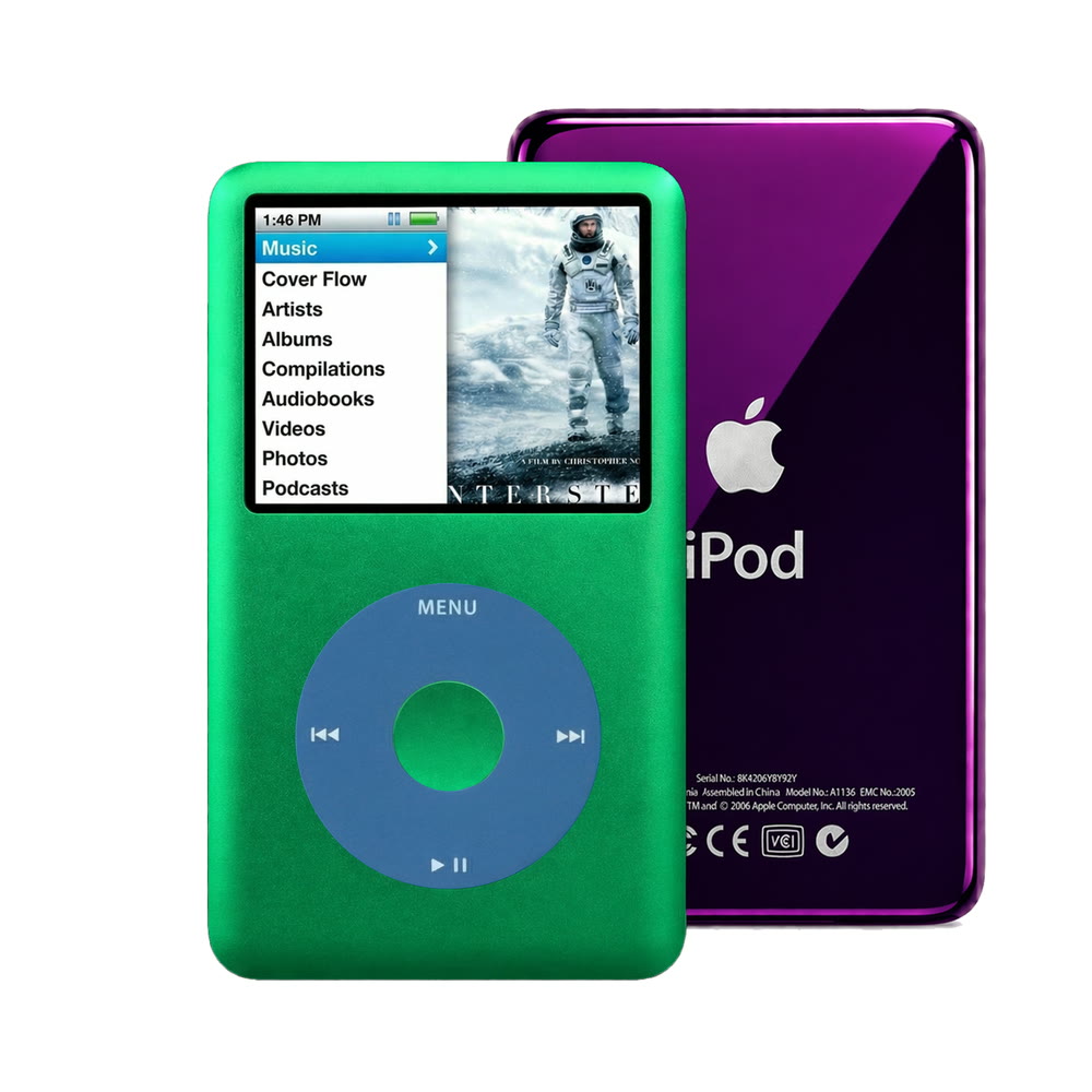 Green refurbished iPod Classic 7th Gen with Blue click wheel and Purple back plate