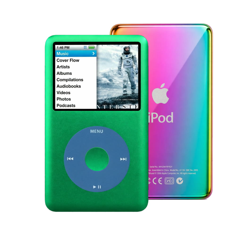 Green refurbished iPod Classic 7th Gen with Blue click wheel and Rainbow back plate