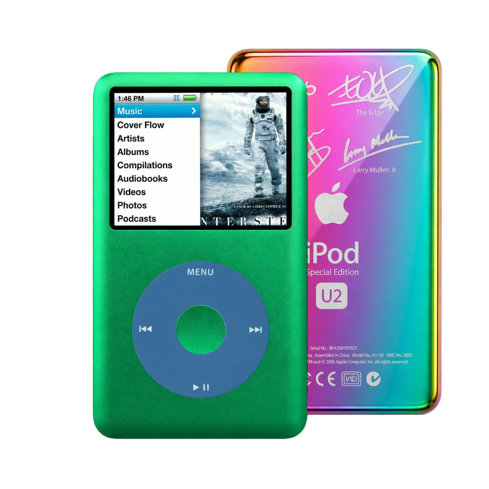 Green refurbished iPod Classic 7th Gen with Blue click wheel and Rainbow U2 back plate