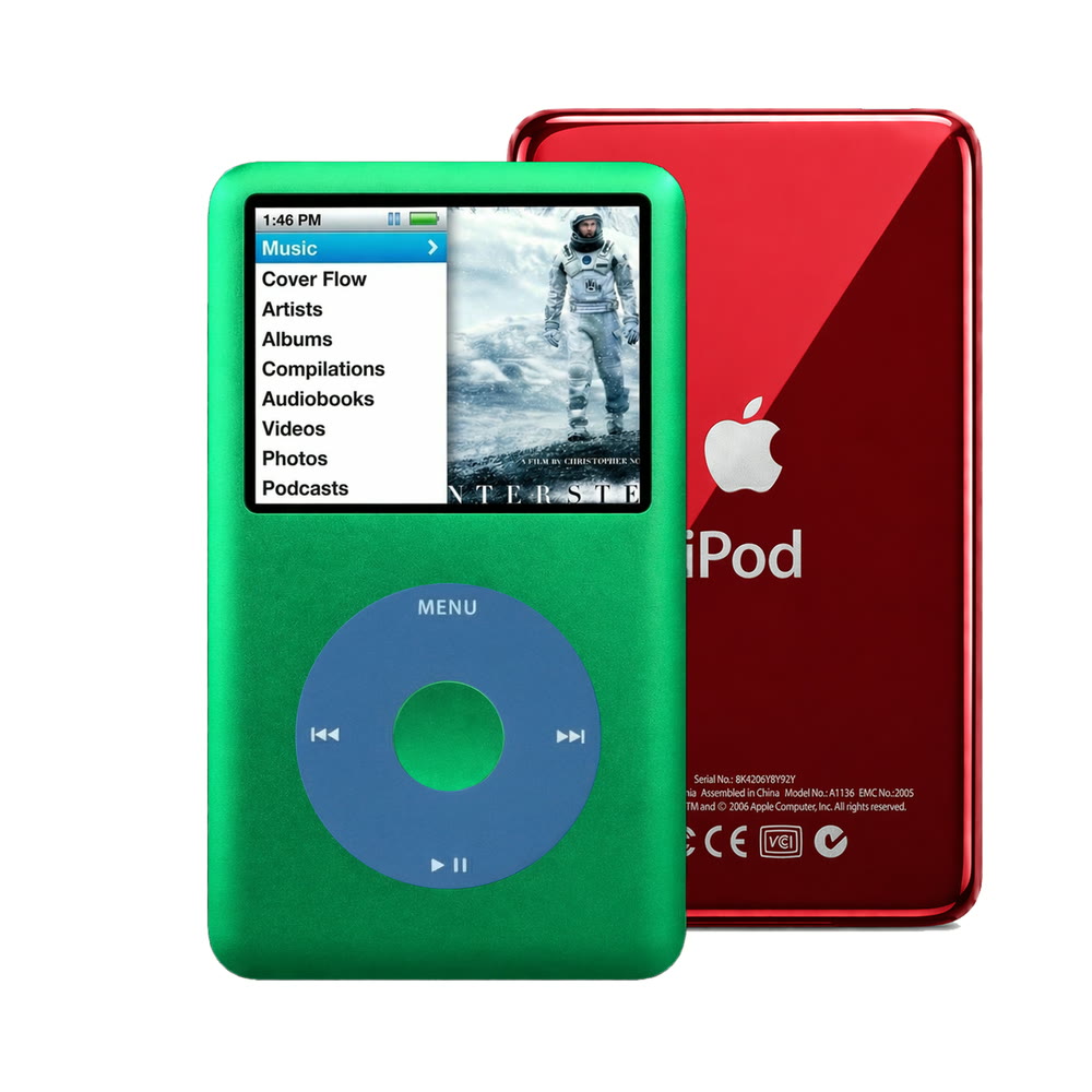 Green refurbished iPod Classic 7th Gen with Blue click wheel and Red back plate