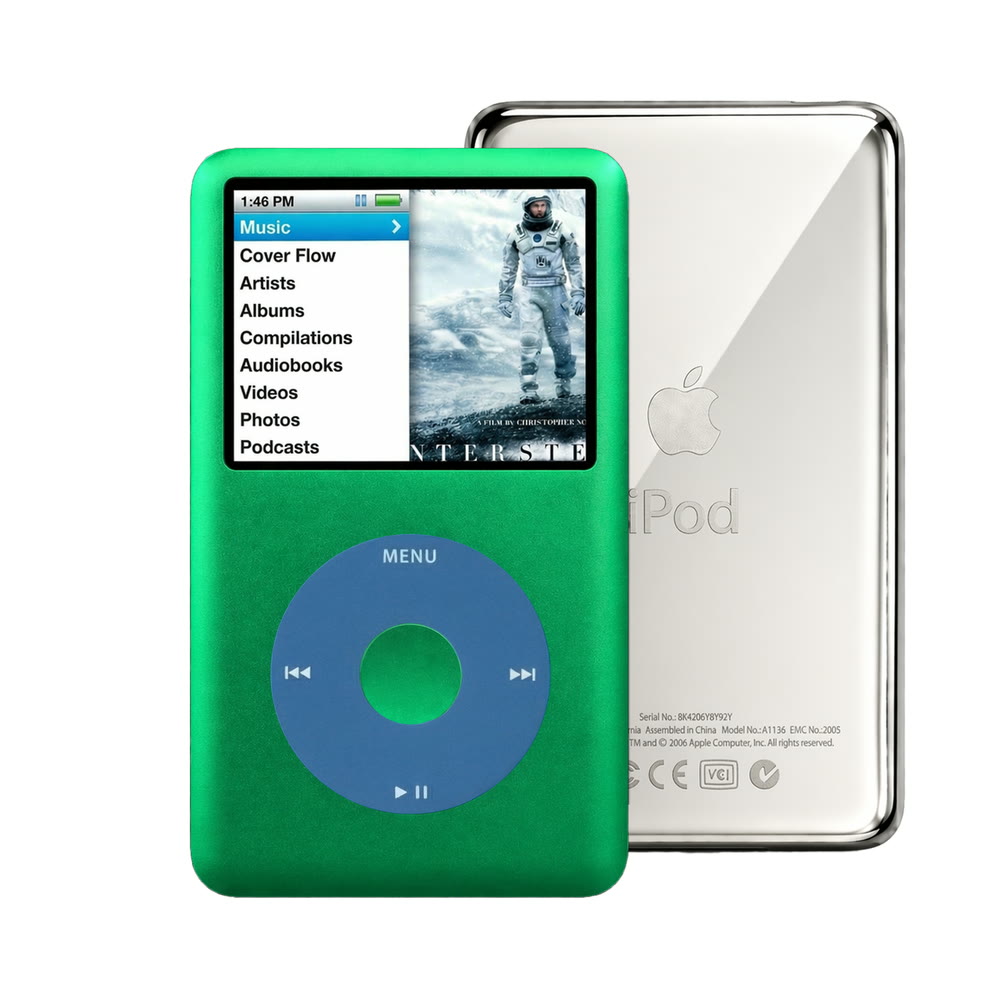 Green refurbished iPod Classic 7th Gen with Blue click wheel and Silver back plate
