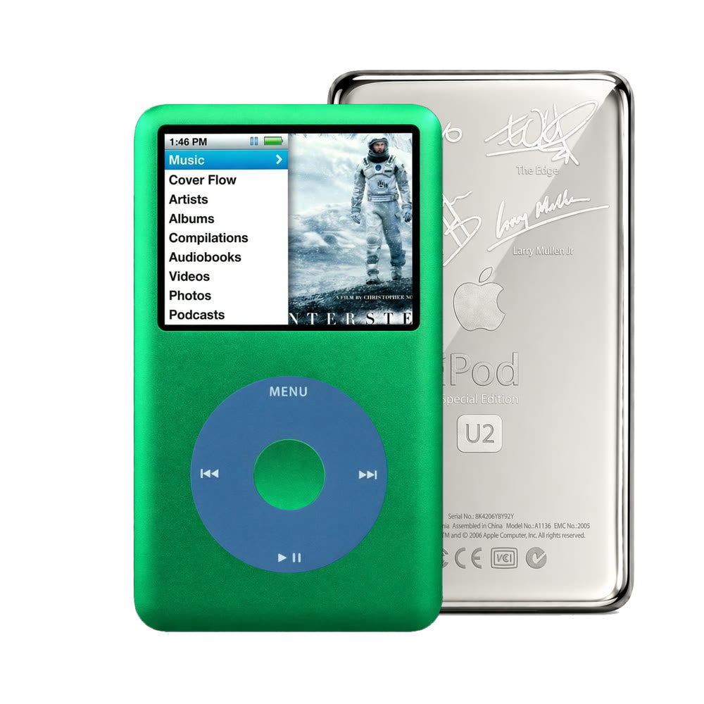 Green refurbished iPod Classic 7th Gen with Blue click wheel and Silver U2 back plate