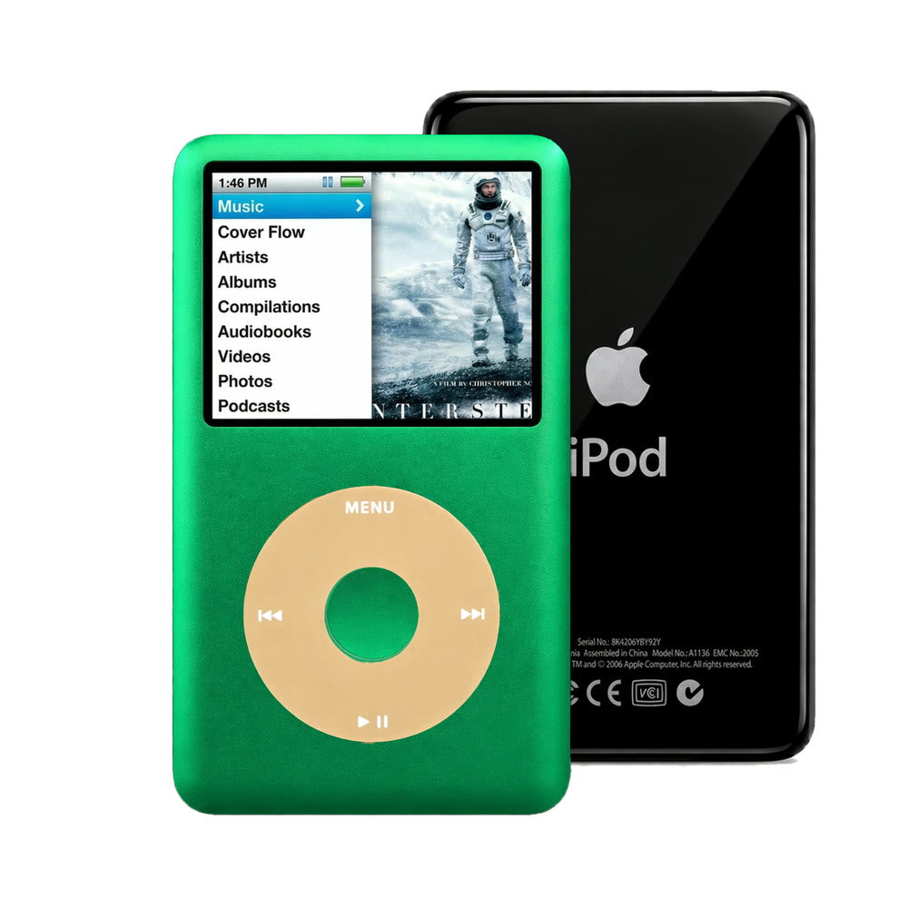 Green refurbished iPod Classic 7th Gen with Gold click wheel and Black back plate