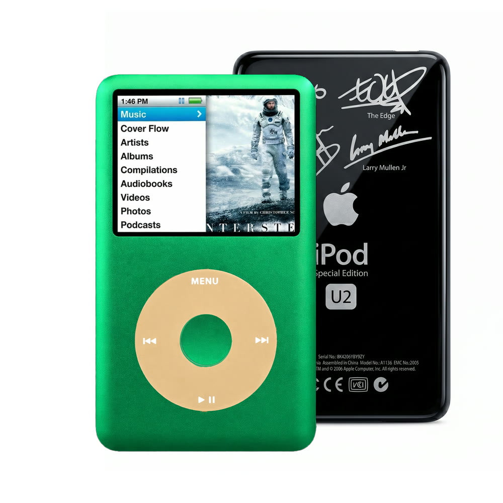 Green refurbished iPod Classic 7th Gen with Gold click wheel and Black U2 back plate