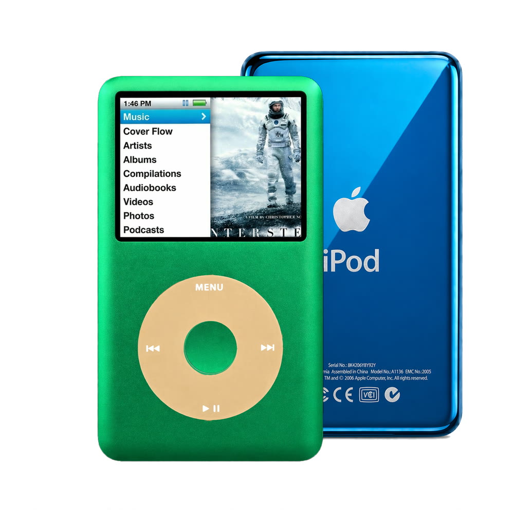 Green refurbished iPod Classic 7th Gen with Gold click wheel and Blue back plate