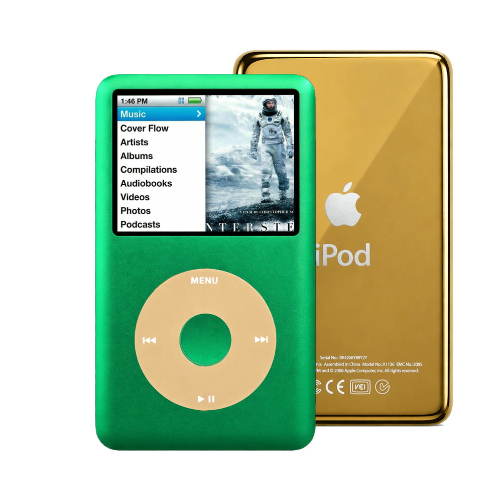 Green refurbished iPod Classic 7th Gen with Gold click wheel and Gold back plate