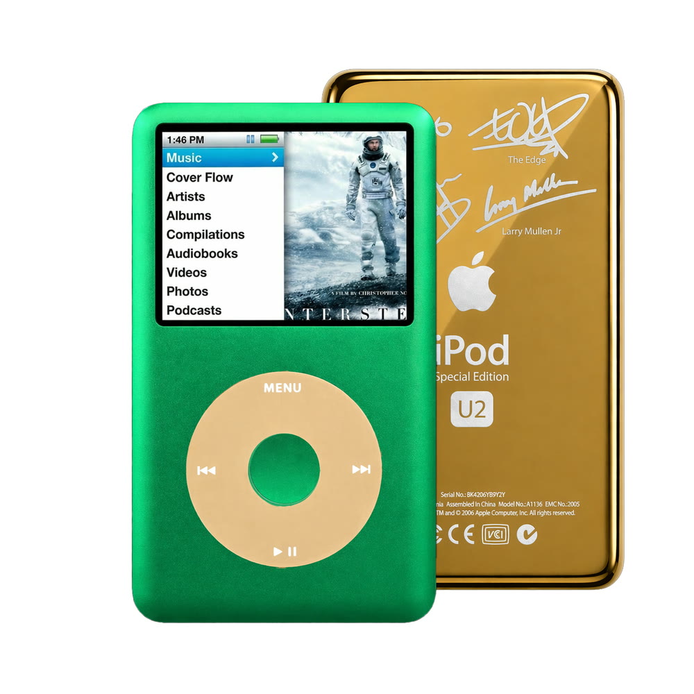 Green refurbished iPod Classic 7th Gen with Gold click wheel and Gold U2 back plate