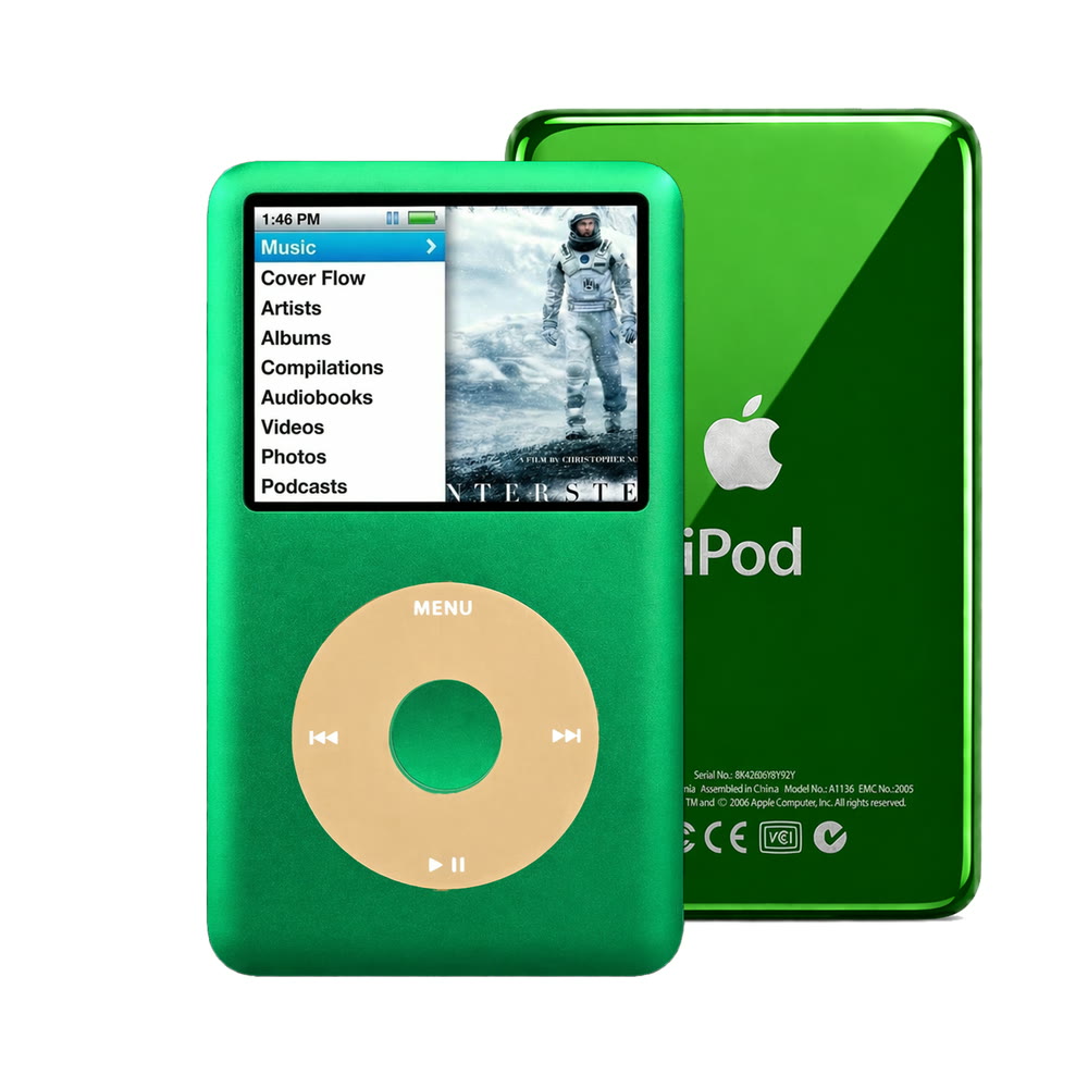 Green refurbished iPod Classic 7th Gen with Gold click wheel and Green back plate