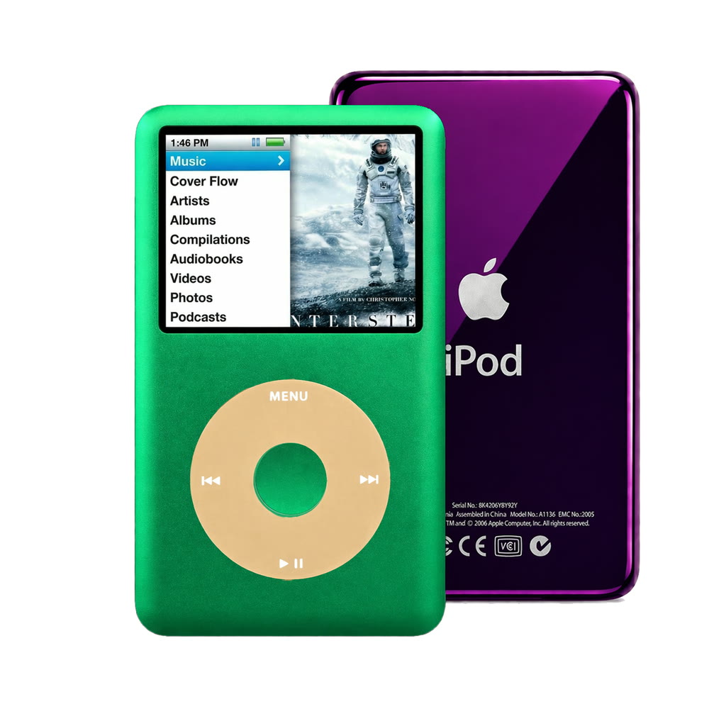Green refurbished iPod Classic 7th Gen with Gold click wheel and Purple back plate