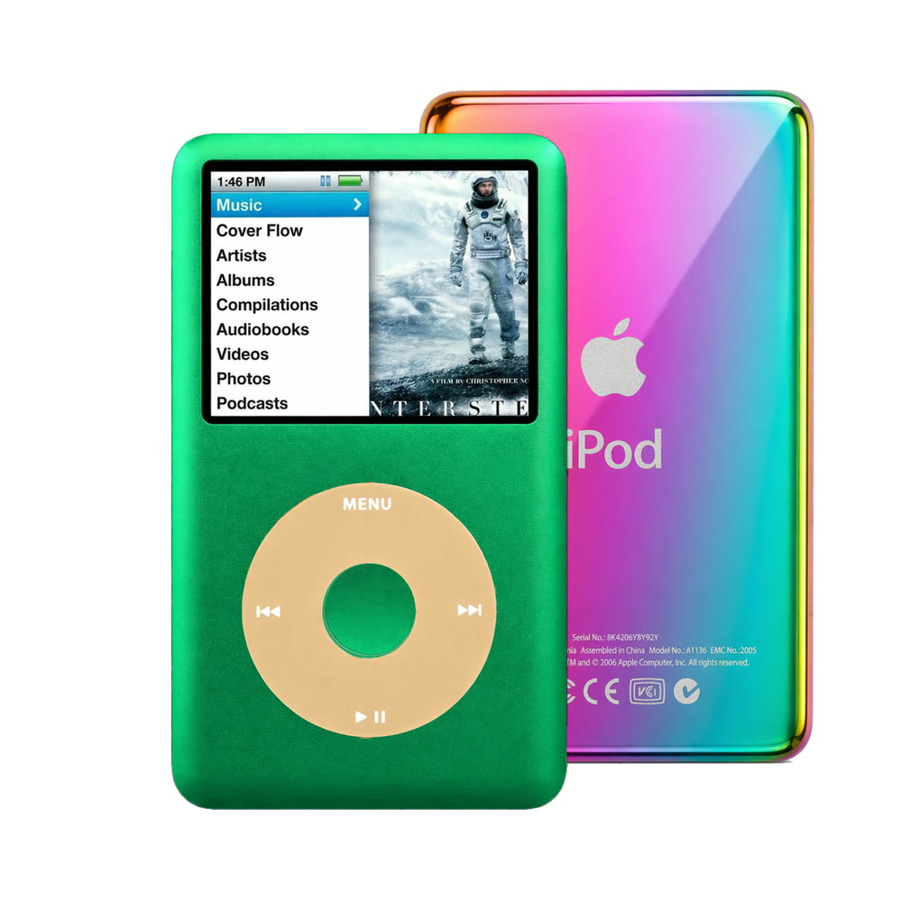 Green refurbished iPod Classic 7th Gen with Gold click wheel and Rainbow back plate