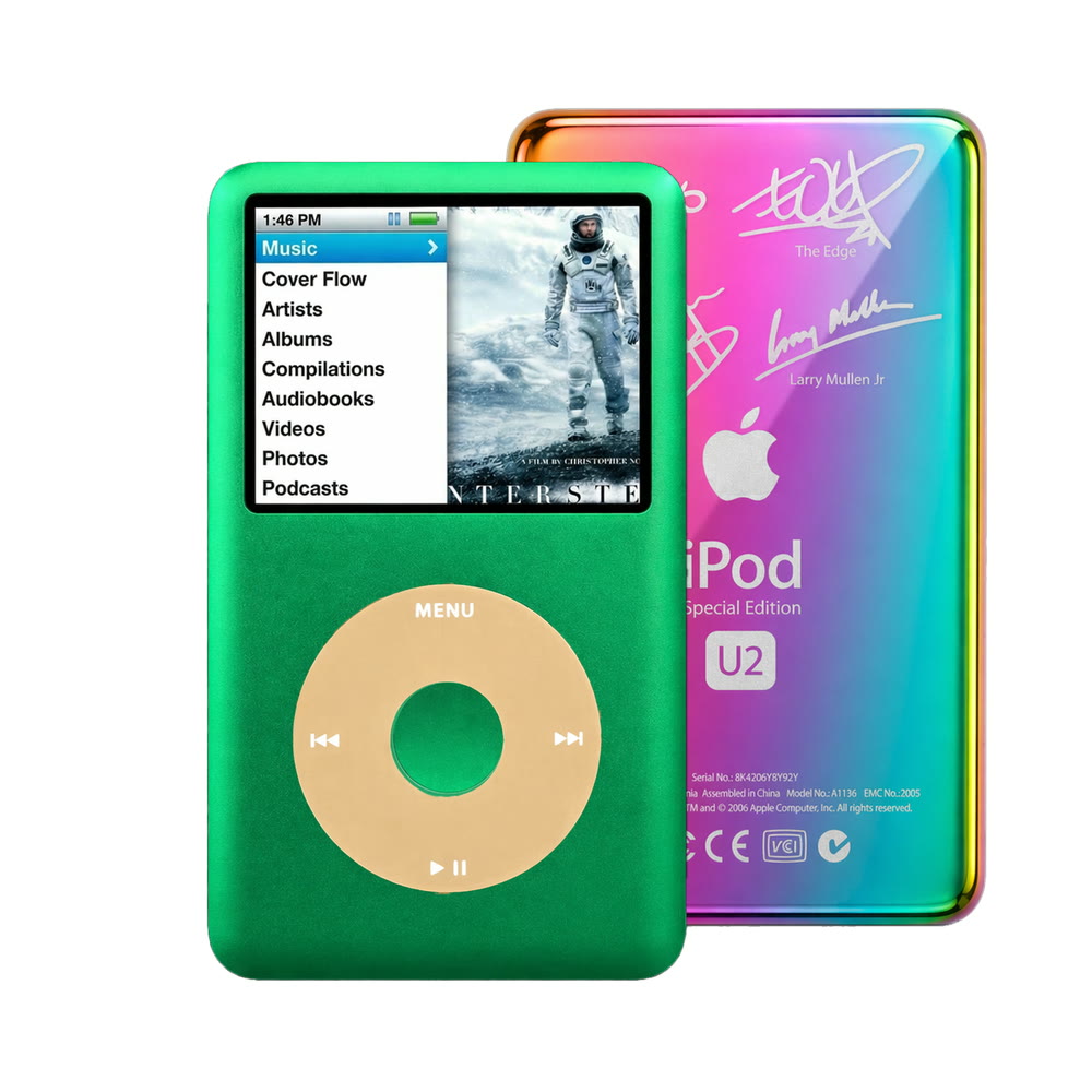 Green refurbished iPod Classic 7th Gen with Gold click wheel and Rainbow U2 back plate