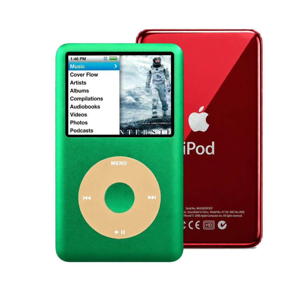Green refurbished iPod Classic 7th Gen with Gold click wheel and Red back plate