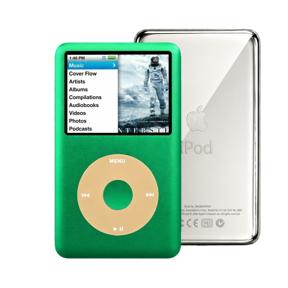 Green refurbished iPod Classic 7th Gen with Gold click wheel and Silver back plate