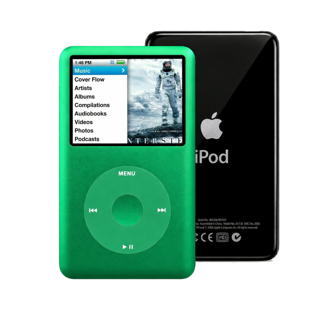 Green refurbished iPod Classic 7th Gen with Green click wheel and Black back plate