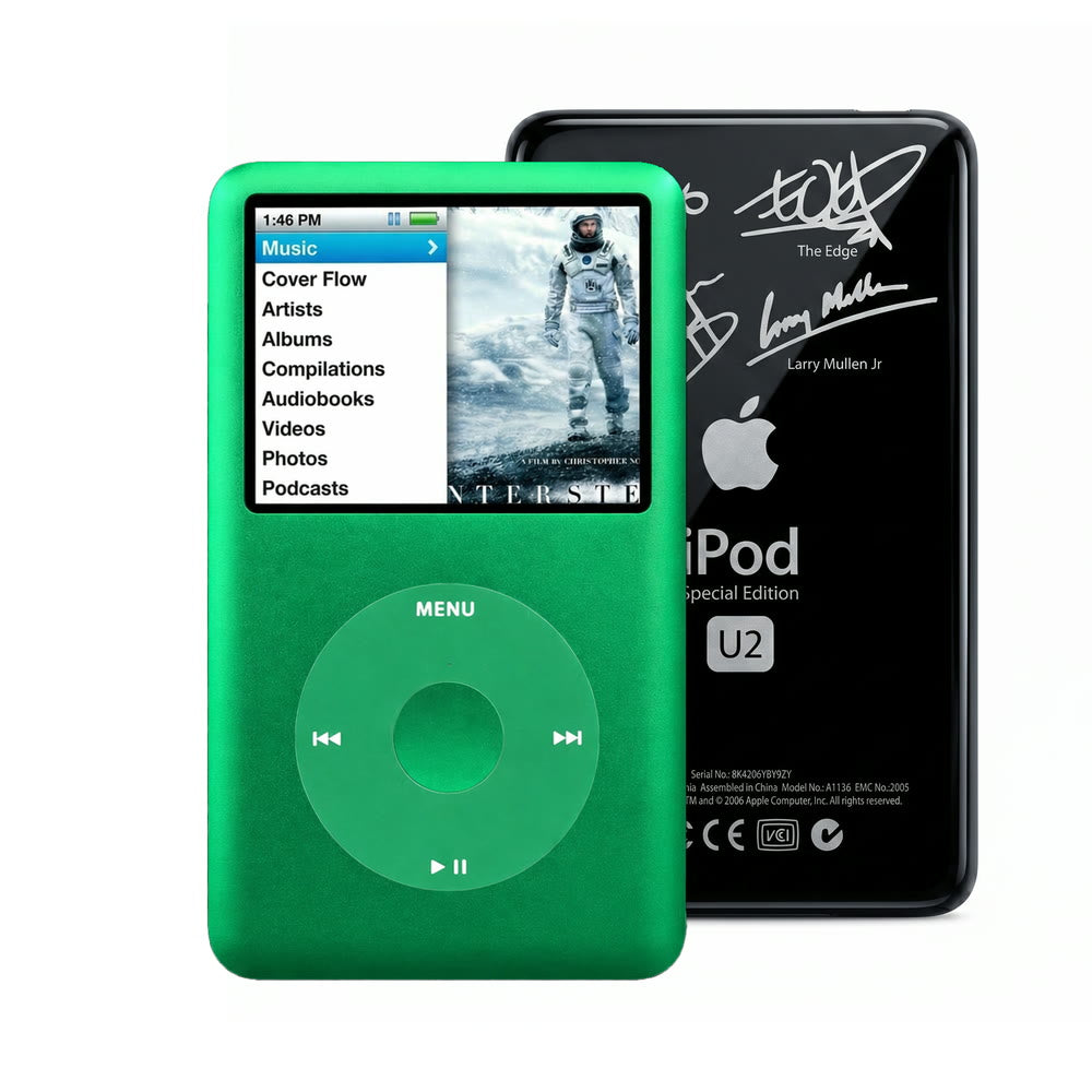 Green refurbished iPod Classic 7th Gen with Green click wheel and Black U2 back plate